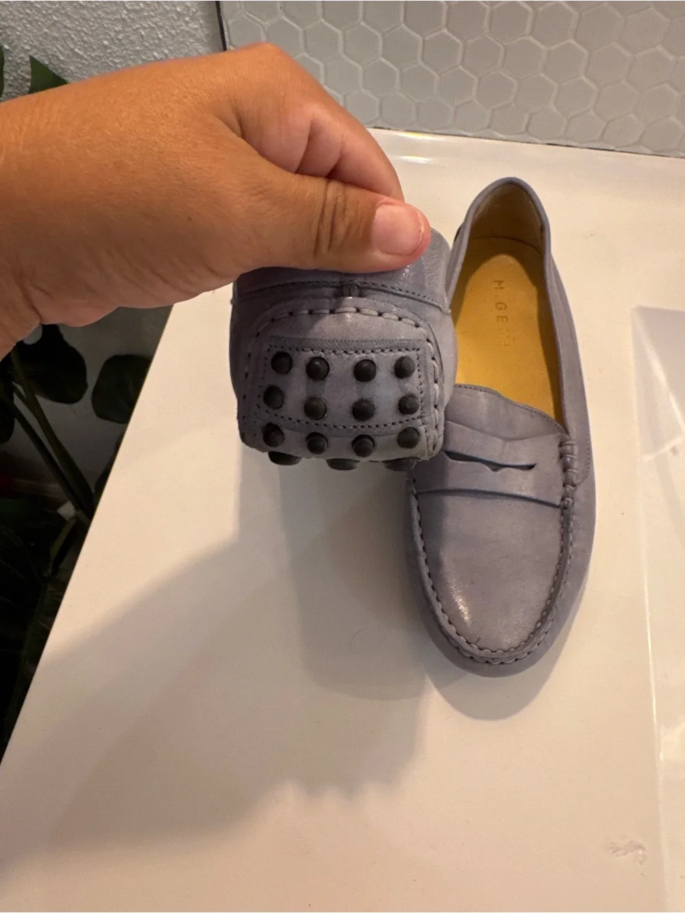 New M. Gemi The Pastoso in Light Gray Leather Penny Driving Loafers size 38.5